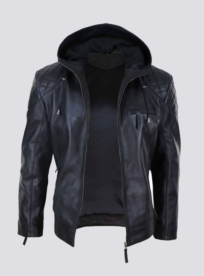 Mens Hooded Biker Leather Jacket – Black
