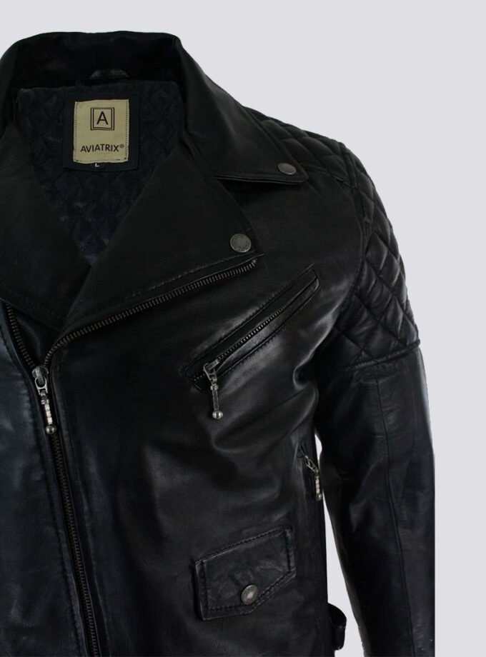 Real Leather Cross Zip Mens Biker Jacket Black Tailored Fit Retro Casual