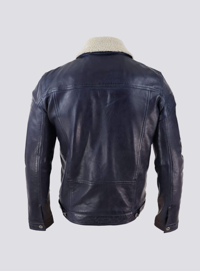 Mens Real Leather Jeans Jacket Fur Collar Retro Vintage Classic Navy Blue Casual