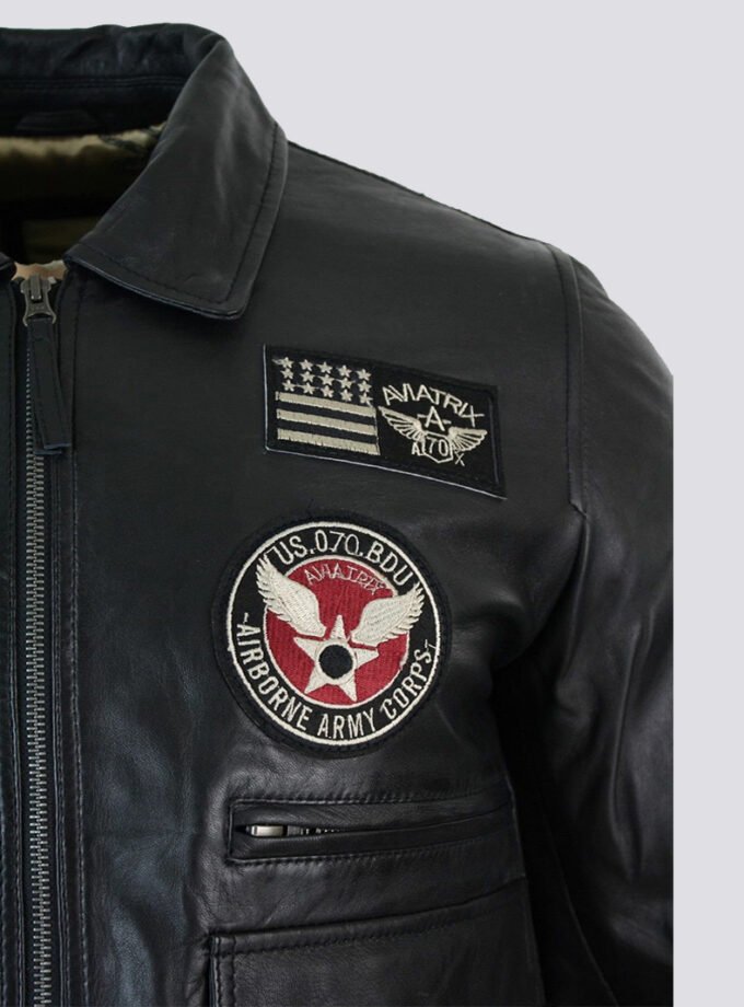 Mens Real Leather Black Bomber Badge Air Force Pilot Flying Jacket-Black