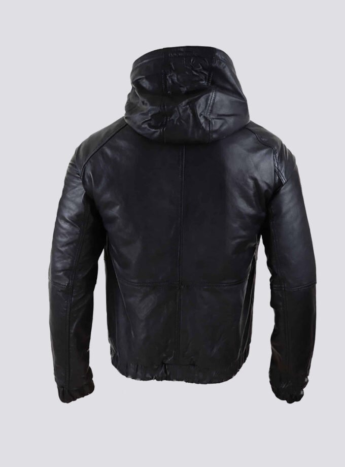 Mens Real Leather Bomber Hood Jacket – Black