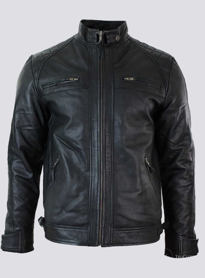 Real Leather Retro Style Zipped Mens Biker Jacket Soft Black Casual-Black