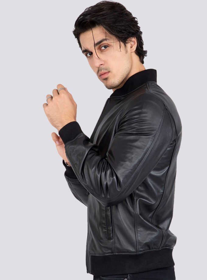 Lamb Real Leather Black Bomber Jacket for Men Regular Fit