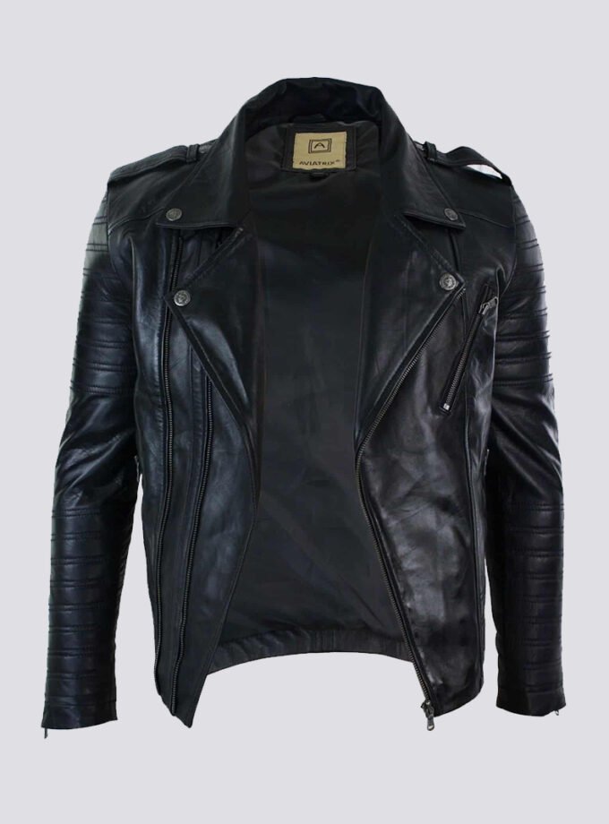 Real Leather Cross Zip Vintage Retro Mens Biker Jacket Black Urban Slim Fit