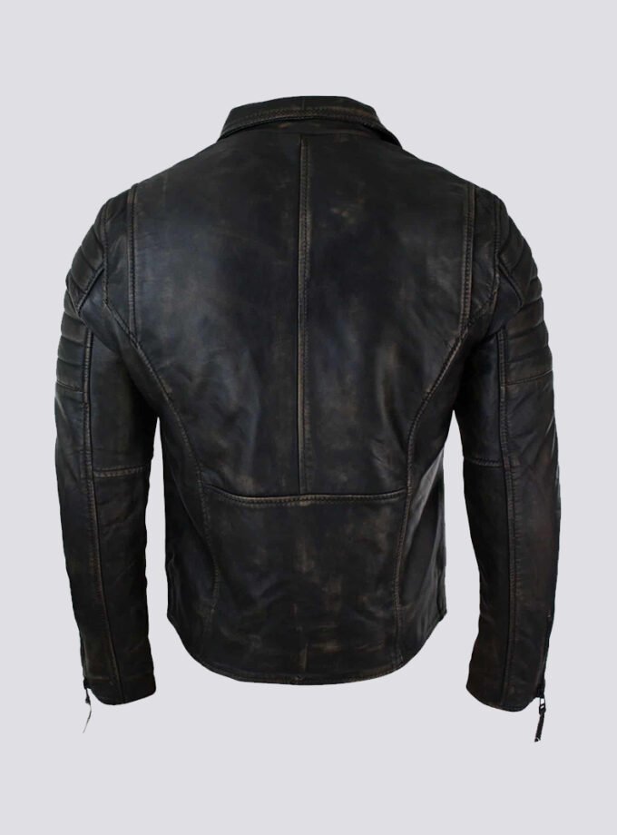 Real Leather Slim Fit Mens Cross Zip Retro Vintage Brando Jacket Vintage Biker-Ruboff Black