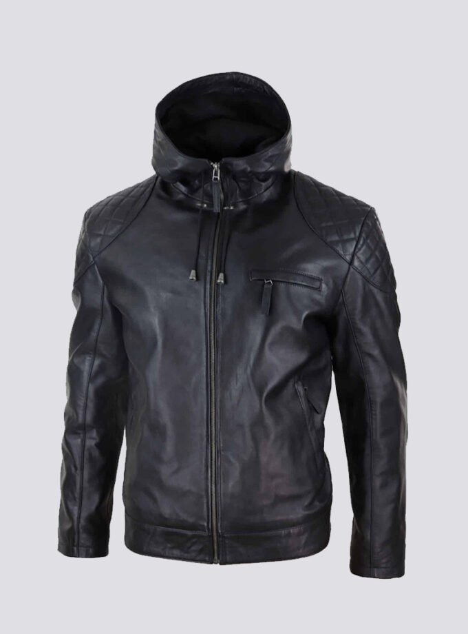 Mens Hooded Biker Leather Jacket – Black