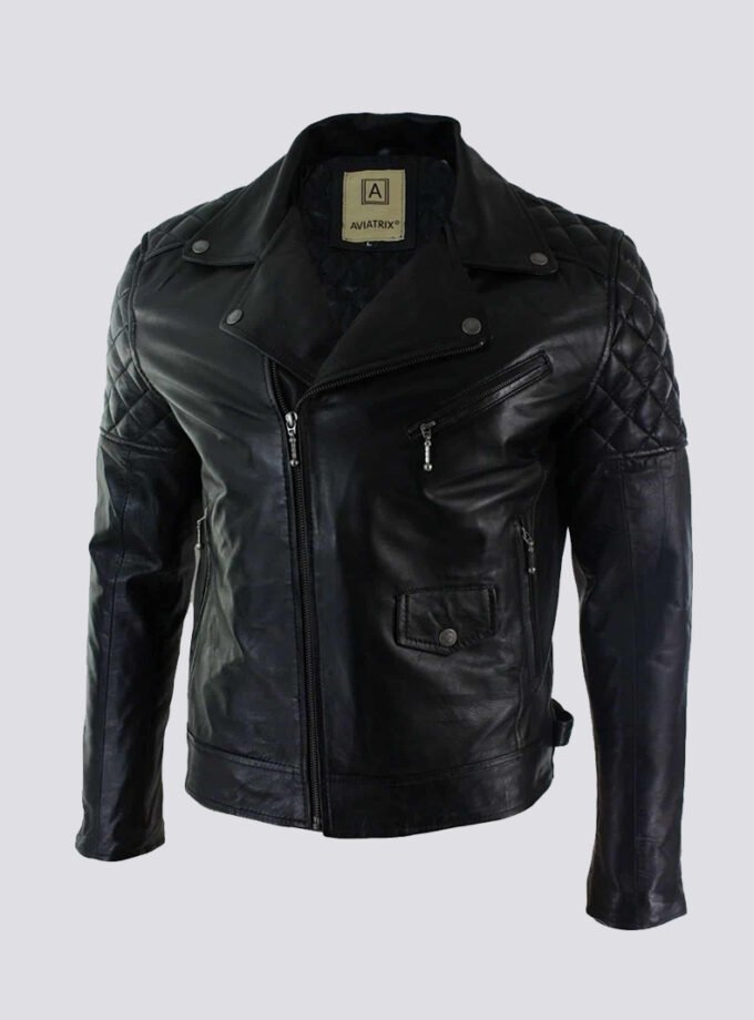 Real Leather Cross Zip Mens Biker Jacket Black Tailored Fit Retro Casual