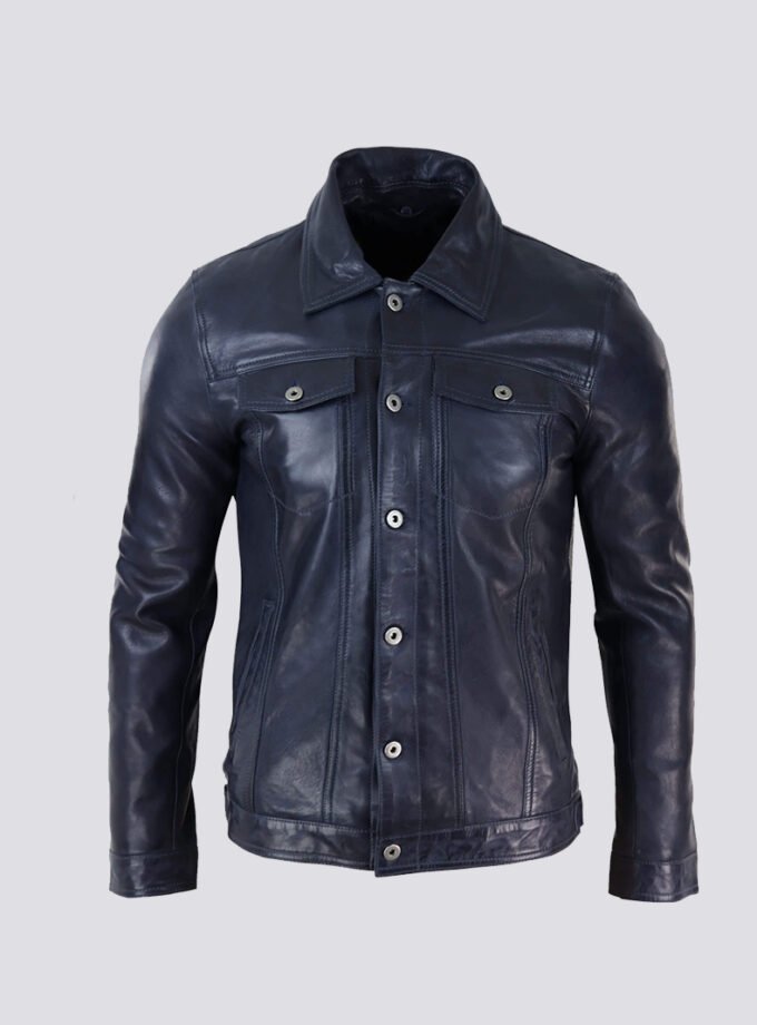 Mens Real Leather Jeans Jacket Fur Collar Retro Vintage Classic Navy Blue Casual
