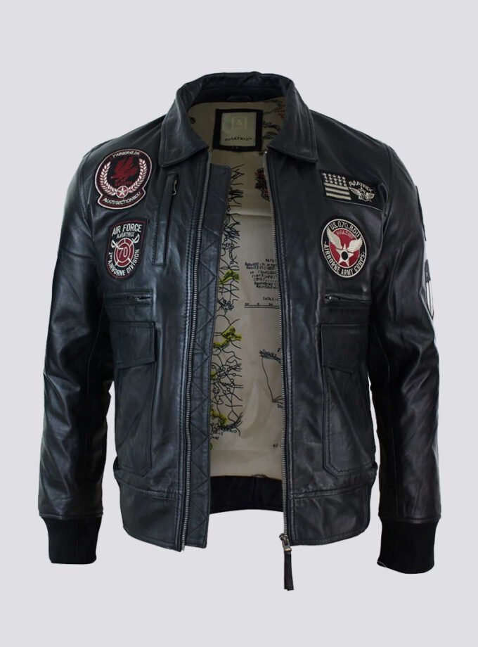 Mens Real Leather Black Bomber Badge Air Force Pilot Flying Jacket-Black