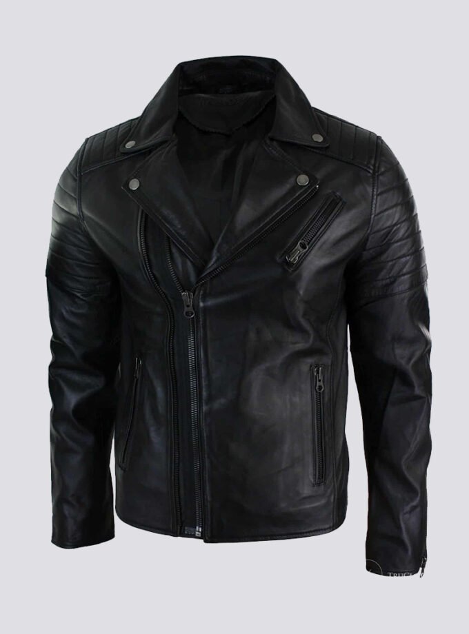 Real Leather Slim Fit Cross Zip Retro Vintage Brando Mens Jacket Vintage Biker-Black