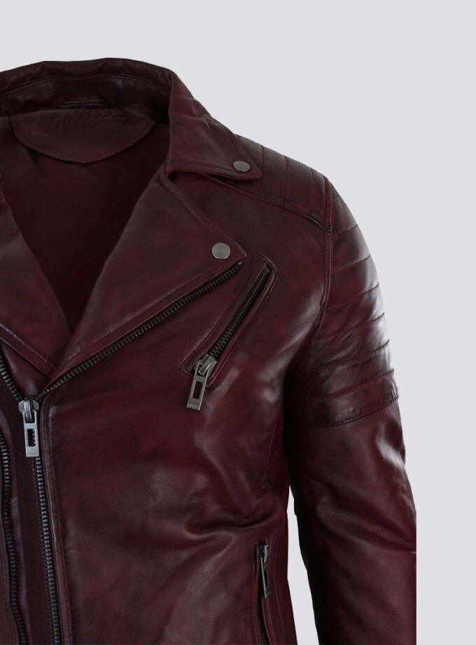 Real Leather Slim Fit Cross Zip Retro Vintage Brando Mens Jacket Vintage Biker-Burgundy