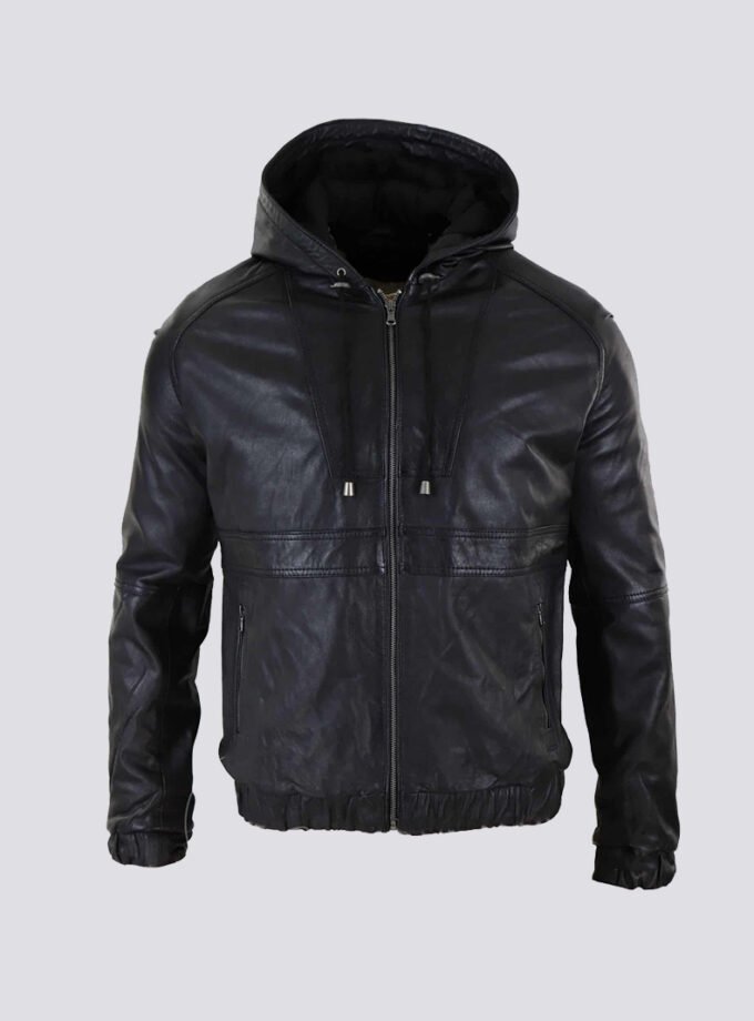 Mens Real Leather Bomber Hood Jacket – Black