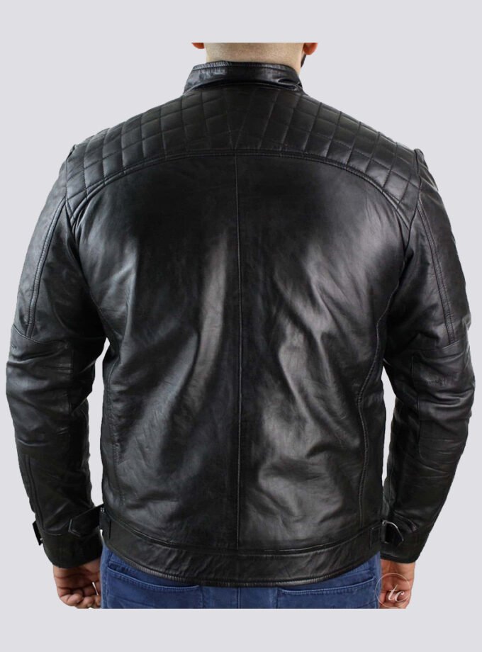 Real Leather Retro Style Zipped Mens Biker Jacket Soft Black Casual-Black