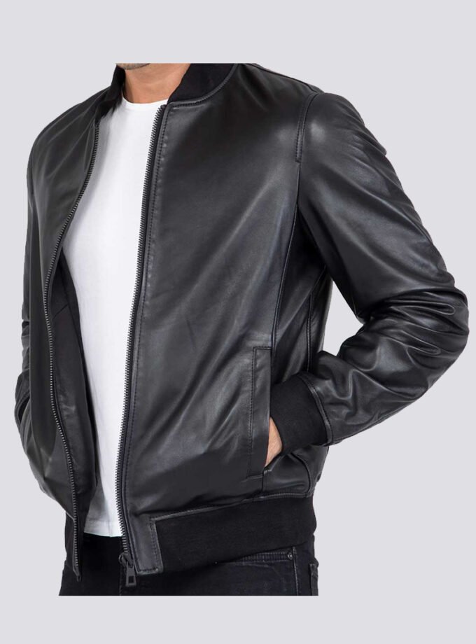 Lamb Real Leather Black Bomber Jacket for Men Regular Fit