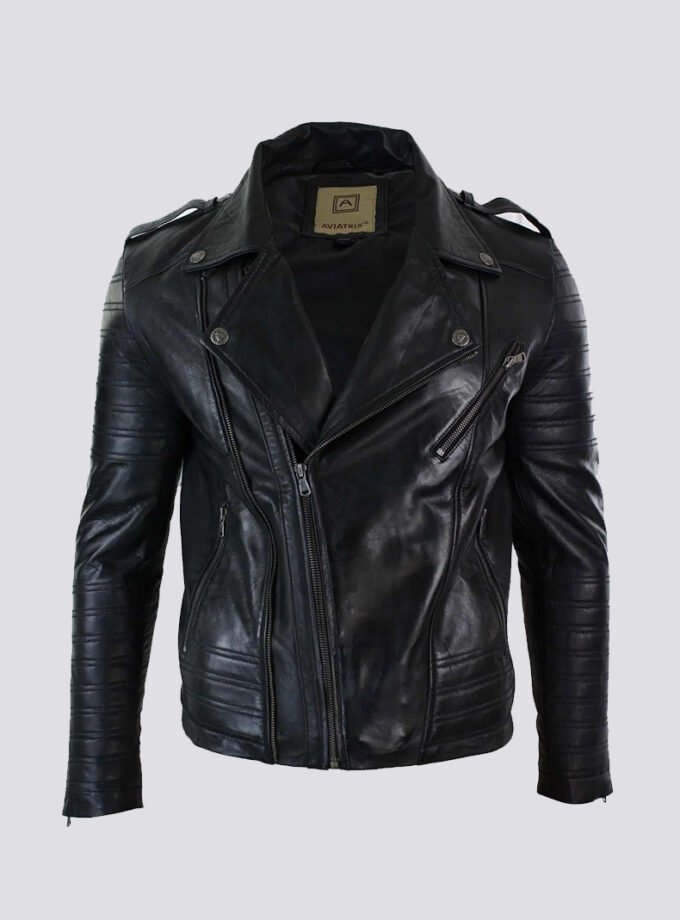 Real Leather Cross Zip Vintage Retro Mens Biker Jacket Black Urban Slim Fit