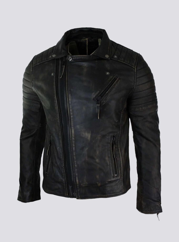 Real Leather Slim Fit Mens Cross Zip Retro Vintage Brando Jacket Vintage Biker-Ruboff Black