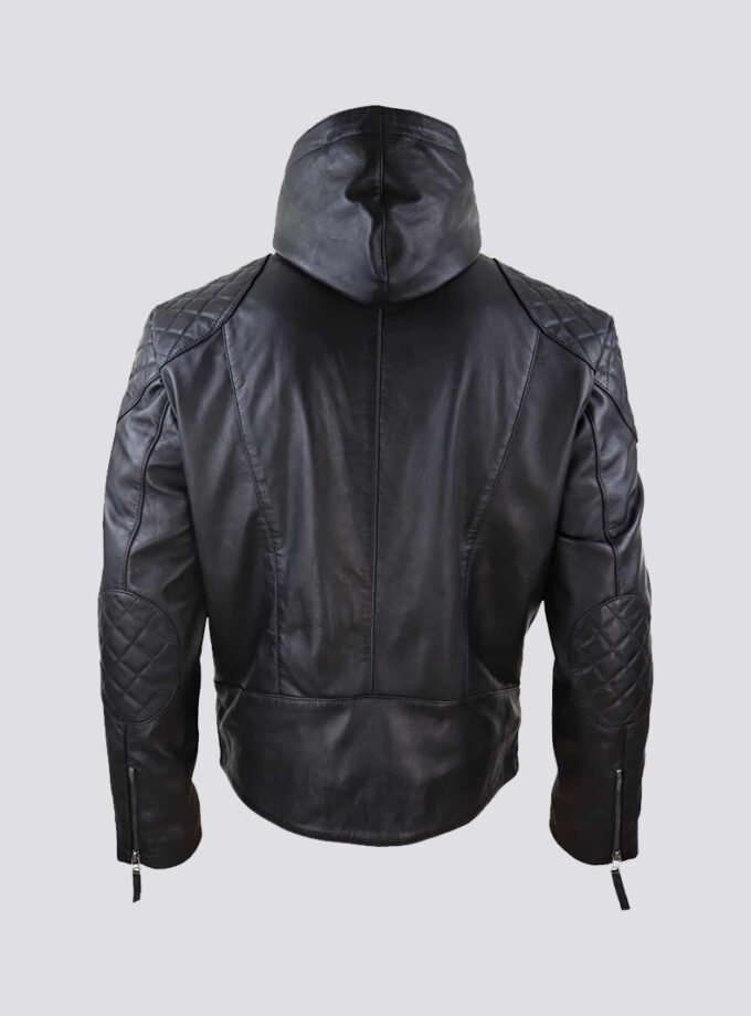 Mens Hooded Biker Leather Jacket – Black