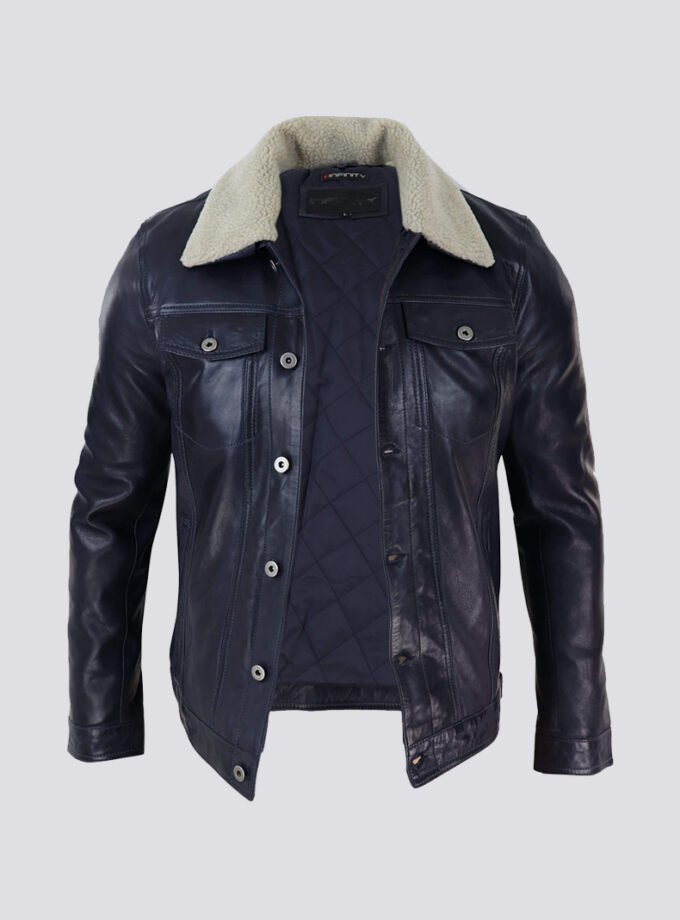 Mens Real Leather Jeans Jacket Fur Collar Retro Vintage Classic Navy Blue Casual