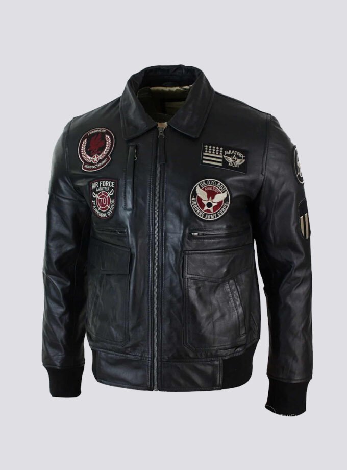 Mens Real Leather Black Bomber Badge Air Force Pilot Flying Jacket-Black