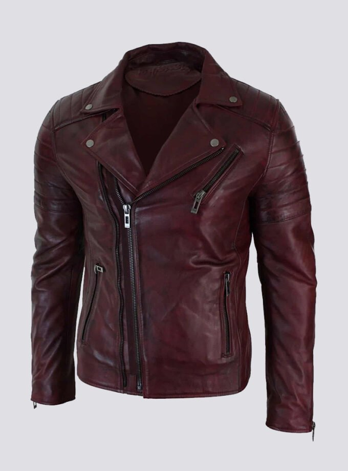 Real Leather Slim Fit Cross Zip Retro Vintage Brando Mens Jacket Vintage Biker-Burgundy