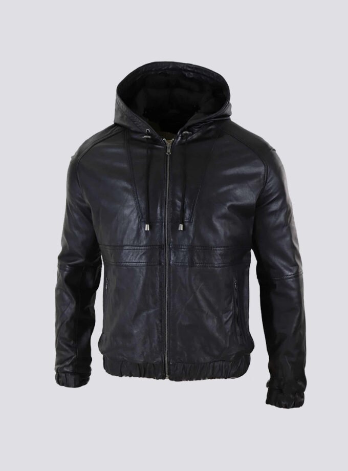 Mens Real Leather Bomber Hood Jacket – Black