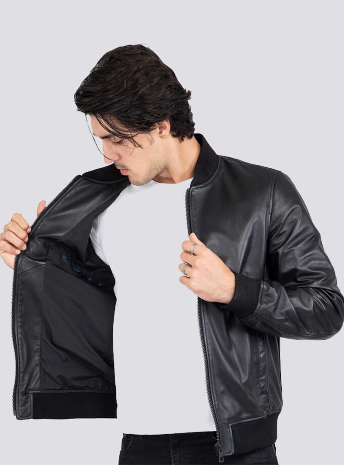 Lamb Real Leather Black Bomber Jacket for Men Regular Fit