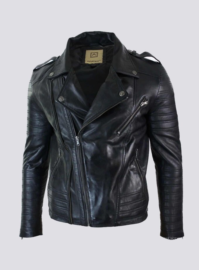 Real Leather Cross Zip Vintage Retro Mens Biker Jacket Black Urban Slim Fit