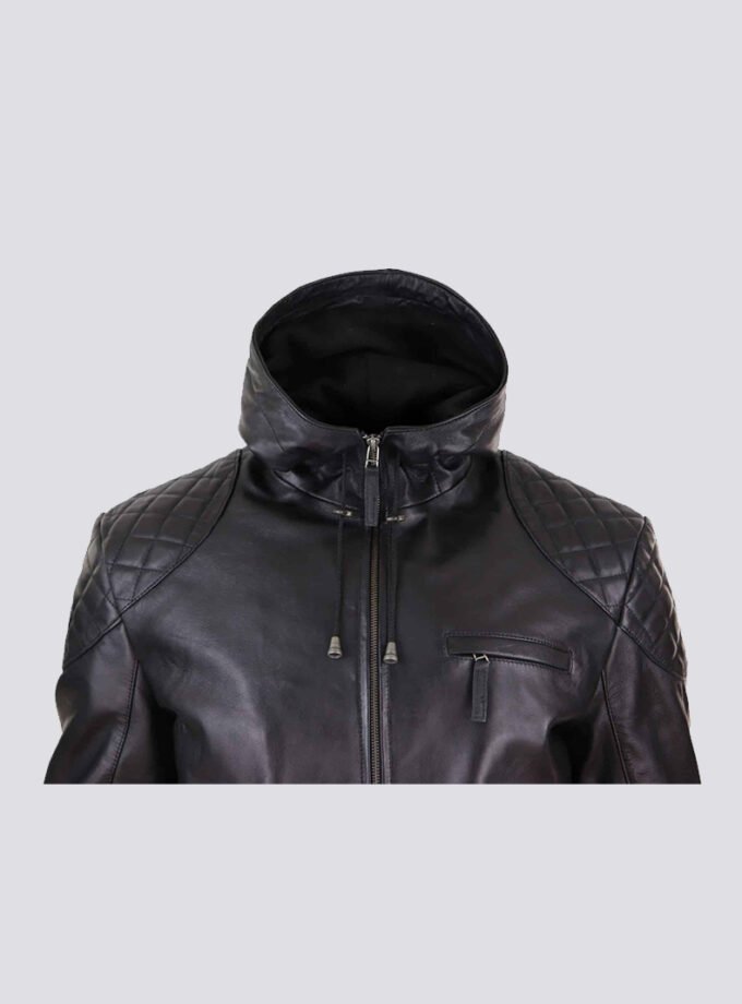 Mens Hooded Biker Leather Jacket – Black