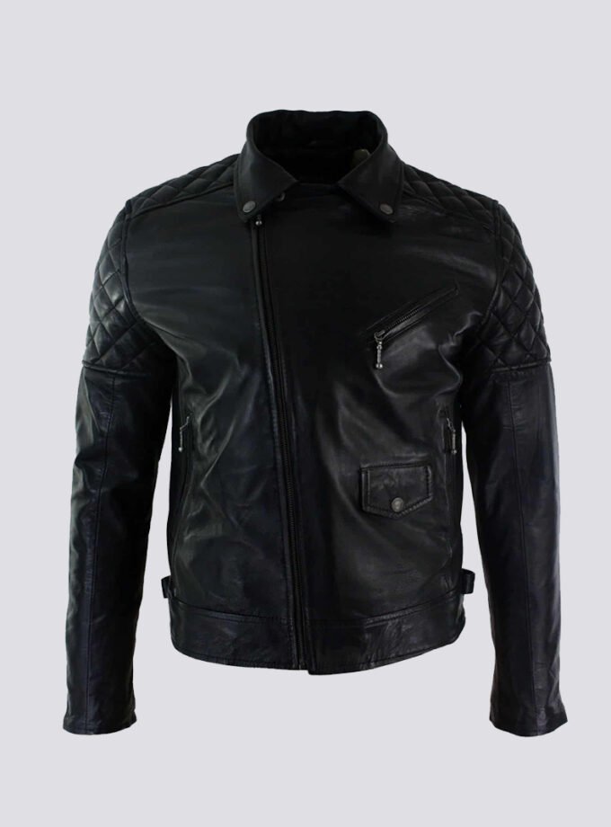 Real Leather Cross Zip Mens Biker Jacket Black Tailored Fit Retro Casual