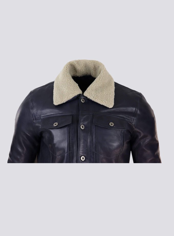 Mens Real Leather Jeans Jacket Fur Collar Retro Vintage Classic Navy Blue Casual