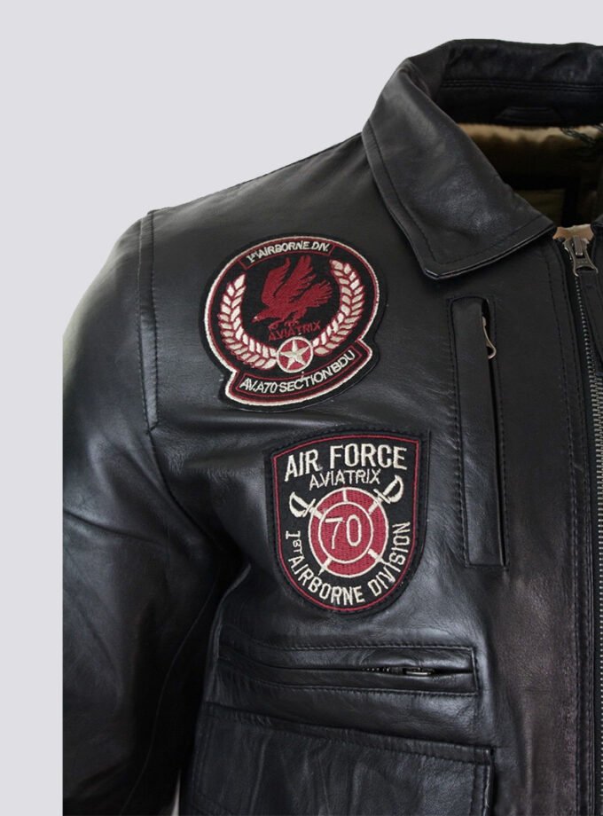 Mens Real Leather Black Bomber Badge Air Force Pilot Flying Jacket-Black