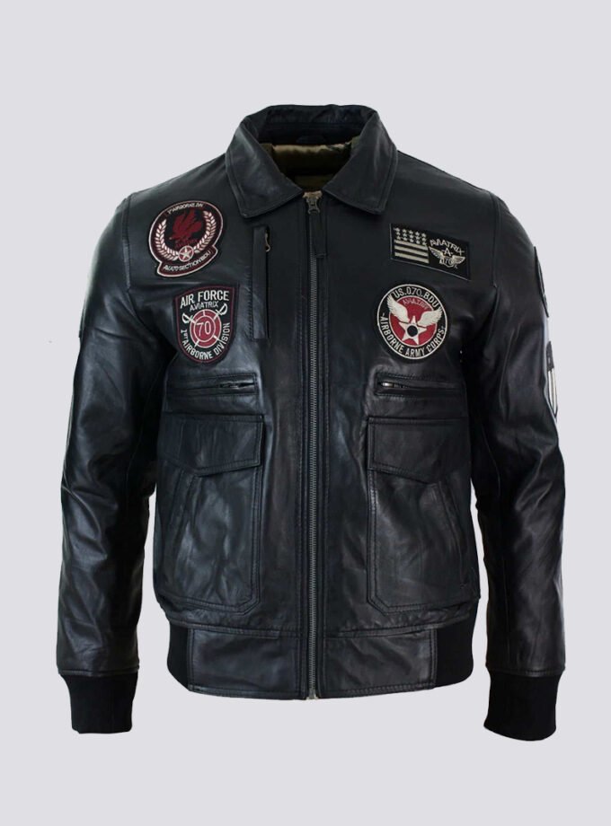 Mens Real Leather Black Bomber Badge Air Force Pilot Flying Jacket-Black