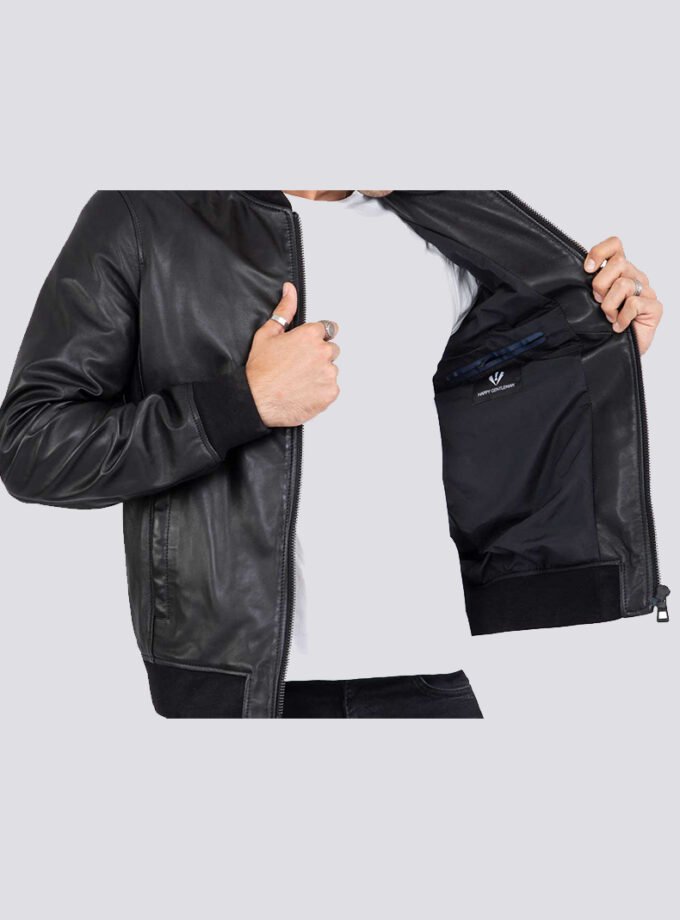 Lamb Real Leather Black Bomber Jacket for Men Regular Fit