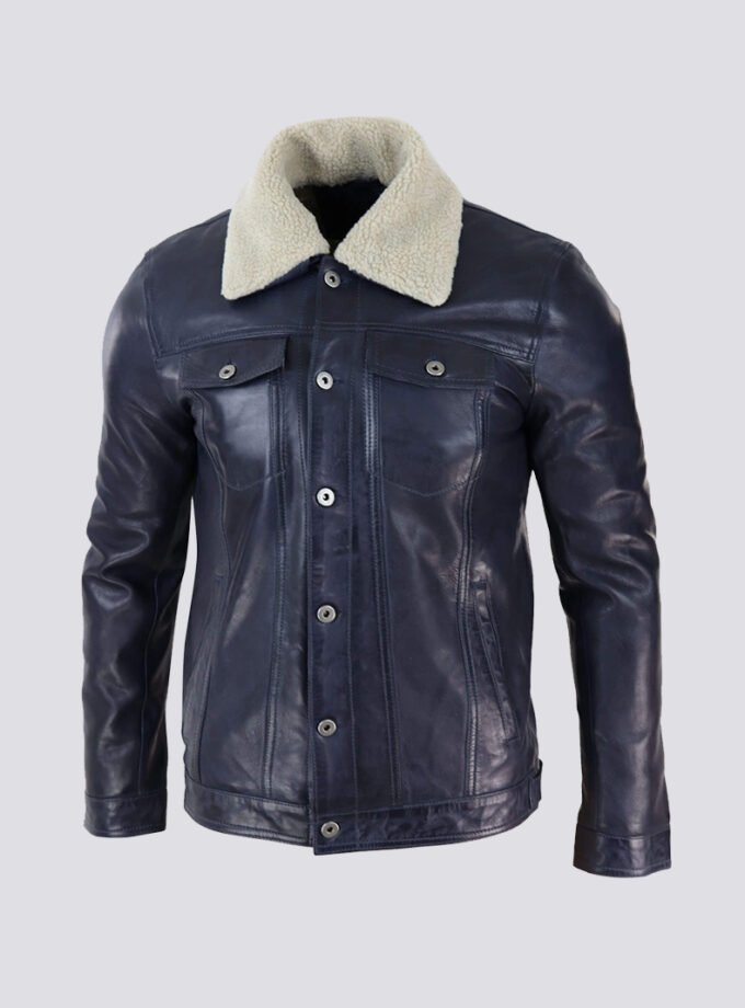 Mens Real Leather Jeans Jacket Fur Collar Retro Vintage Classic Navy Blue Casual