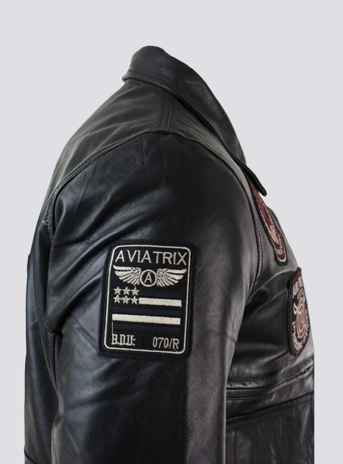 Mens Real Leather Black Bomber Badge Air Force Pilot Flying Jacket-Black