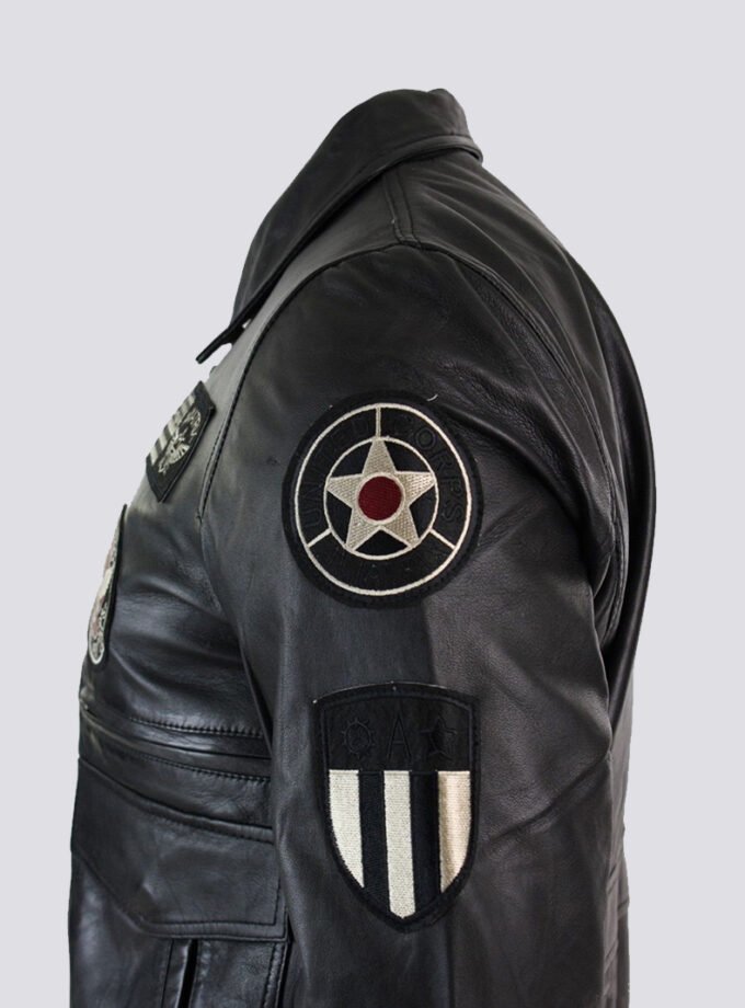 Mens Real Leather Black Bomber Badge Air Force Pilot Flying Jacket-Black