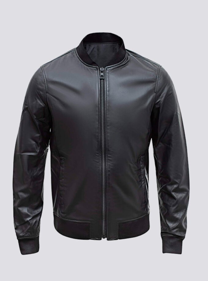 Lamb Real Leather Black Bomber Jacket for Men Regular Fit