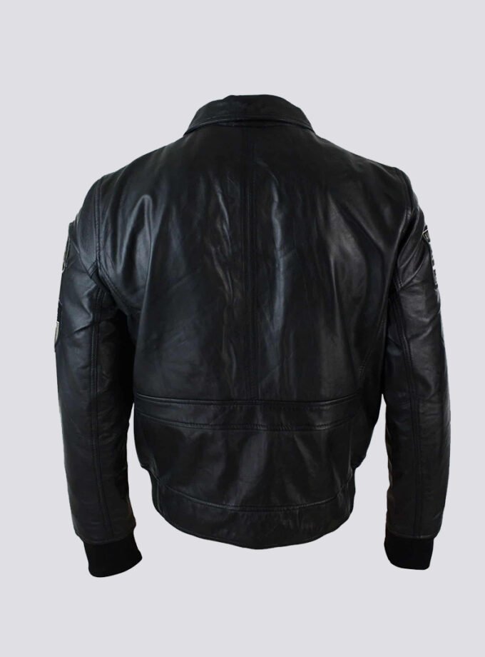 Mens Real Leather Black Bomber Badge Air Force Pilot Flying Jacket-Black